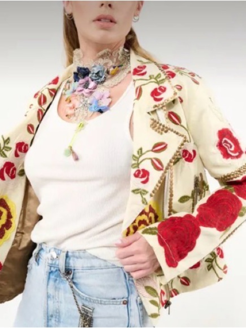 New Aratta Embroidered Cream Floral Jacket with Red Rose Appliqué